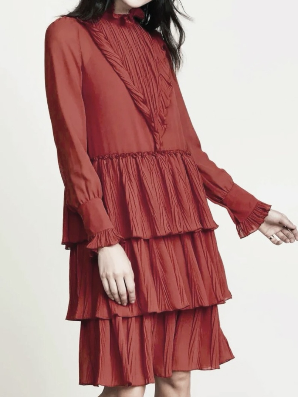 SeeByChloe Dress Womens 40 Brown Pleated Tiered High Neck Long Sleeve Chiffon